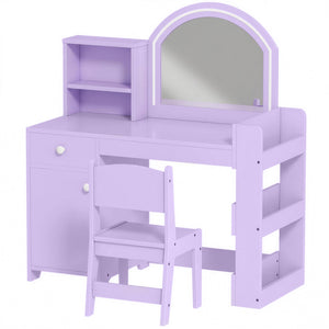 Coiffeuse pour enfant avec miroir LED bicolore, rangements et chaise, mauve