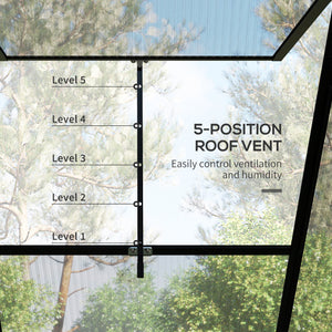 Polycarbonate greenhouse with sliding door, 5-level roof ventilation and gutter
