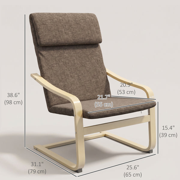 Modern Accent Chair, Linen-Feel Upholstered Living Room Chair with Wood Curved Legs for Balcony, Dark Brown