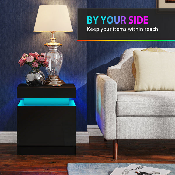 Set of 2 bedside tables with LED lighting and 2 drawers, black.