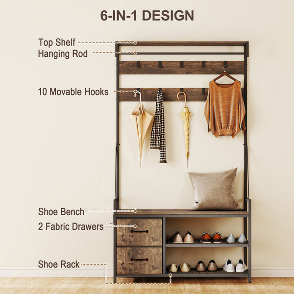 Meuble d'entrée 6 en 1 avec banc et rangement à chaussures, marron rustique