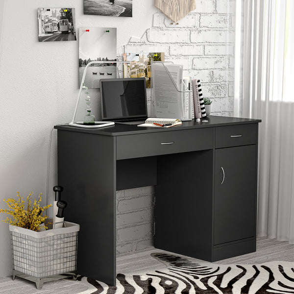 Bureau d'ordinateur avec tiroirs de rangement, armoire et étagère réglable, noir