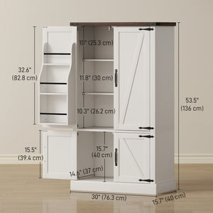Armoire de rangement 53,5 po avec étagères réglables, 6 portes et étagères à épices pour salle à manger, blanche
