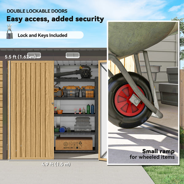 Abri de jardin galvanisé avec double porte et 2 aérations, chêne