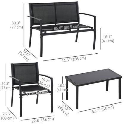 Outsunny 4 Piece Garden Furniture Set with Glass Coffee Table, Breathable Mesh Seat and Backrest for Garden and Balcony, Black