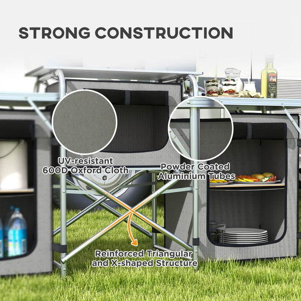 Cuisine de camping en aluminium pliante et portable avec placards en tissu, grise