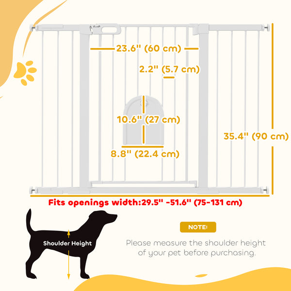 Barrière extra large pour animaux de 76 à 132 cm avec petite porte, fixation par pression pour escalier, Blanc